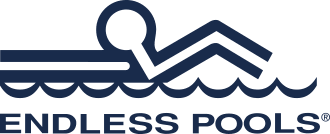 Logo for Endless Pools. A stylized outline of a swimmer in profile view is shown above wavy lines representing water. The swimmer's head is a circle and arms are bent, suggesting motion. Below the graphic, the words 'Endless Pools' appear in bold, dark blue capital letters.