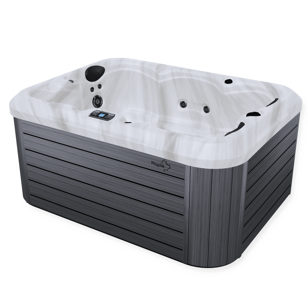 Angled view of a Maple Spas M321 hot tub showcasing its compact rectangular design with a sleek white marble-style interior, one lounge seat, and three contoured seats with built-in headrests, multiple hydrotherapy jets, a digital control panel on the rim, and modern grey horizontal paneling on the exterior.