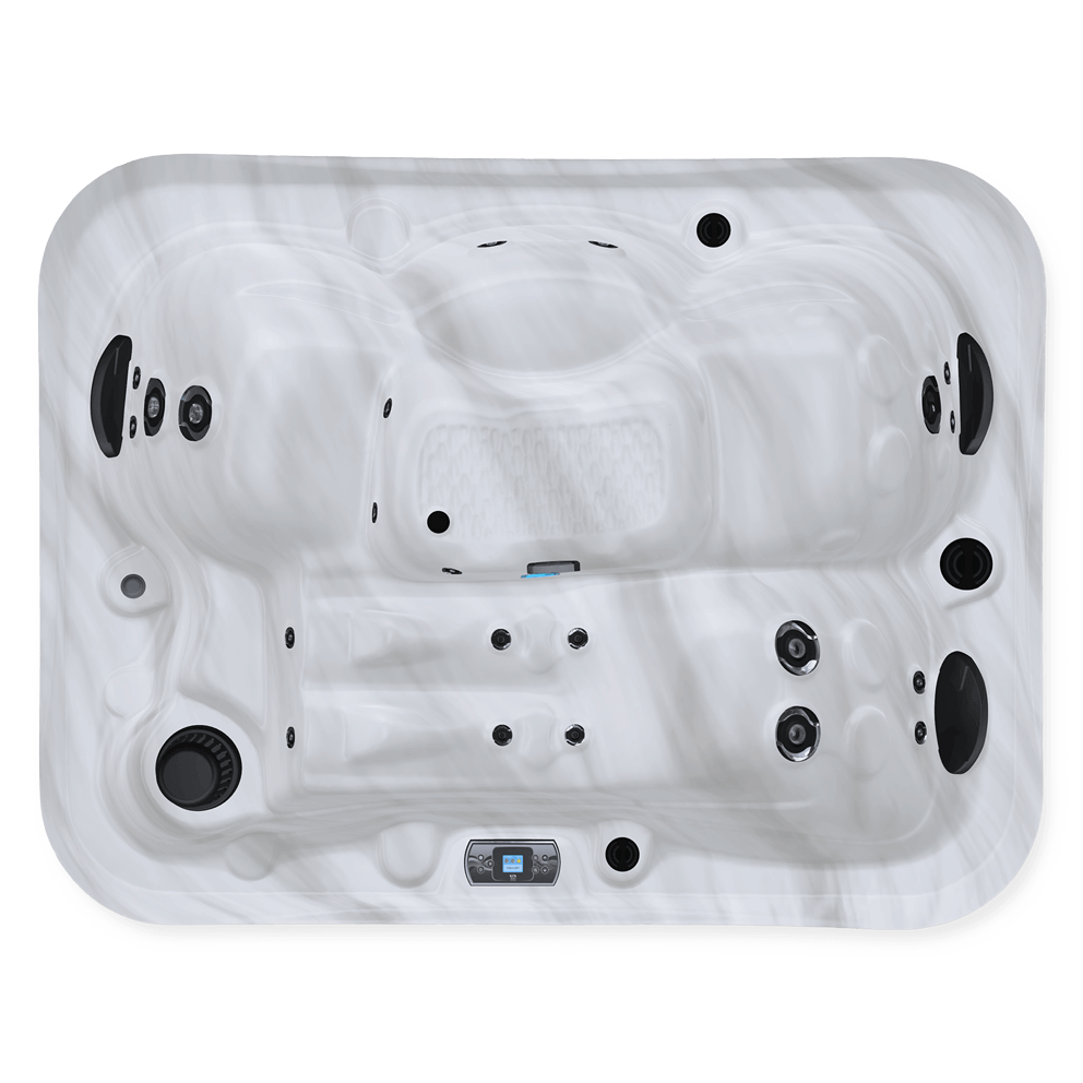 Top-down view of a Maple Spas M321 hot tub featuring a compact, rectangular layout with one lounge seat, three contoured seating areas, a central footwell, strategically placed hydrotherapy jets, black headrests, a digital control panel, and a smooth sterling white marble-patterned acrylic interior.