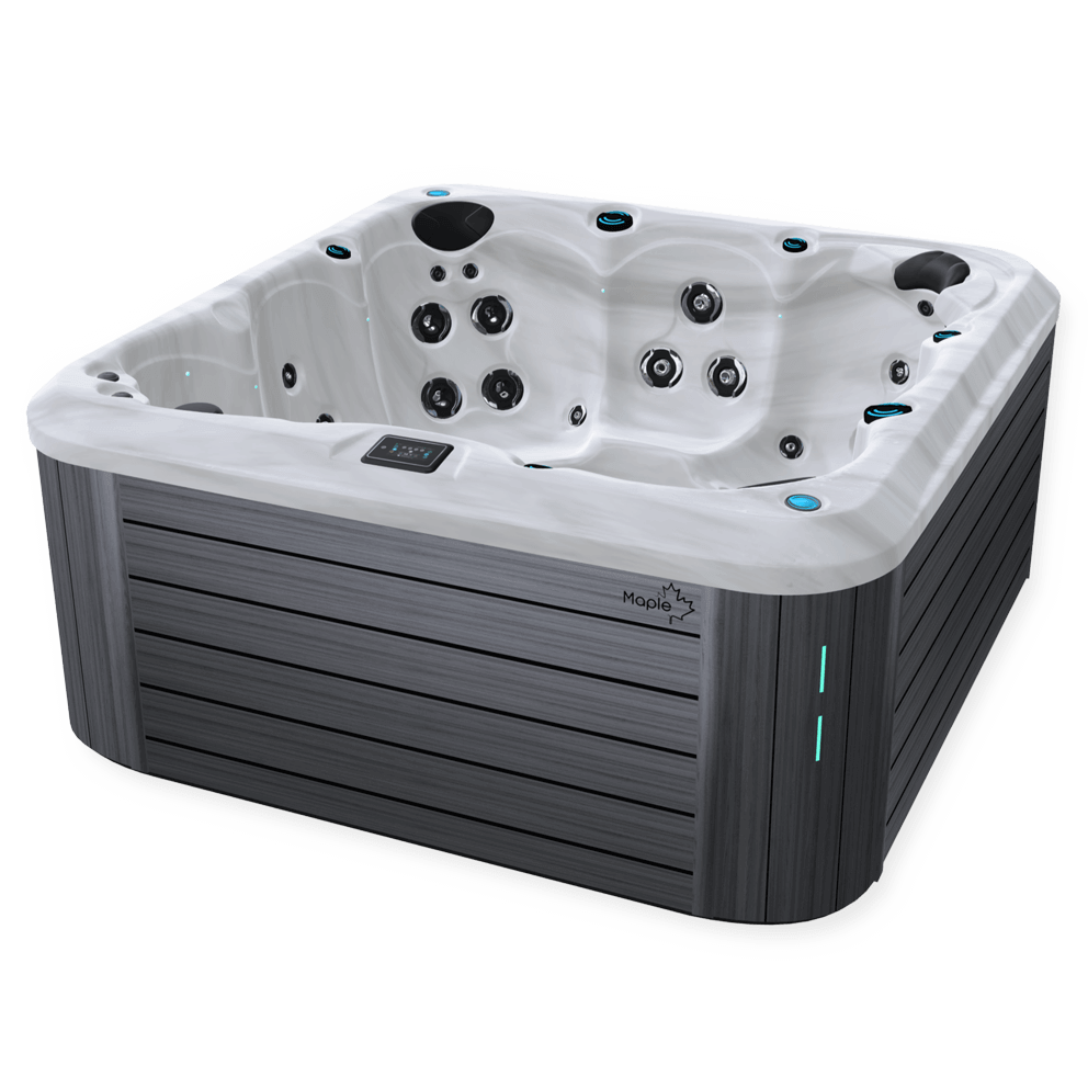 Angled view of a Maple Spas M720 hot tub featuring a sleek, modern design with a sterling white marbled acrylic interior, multiple ergonomic seats equipped with hydrotherapy jets, integrated headrests, a digital control panel, and a dark horizontal slat exterior accented with subtle LED lighting.