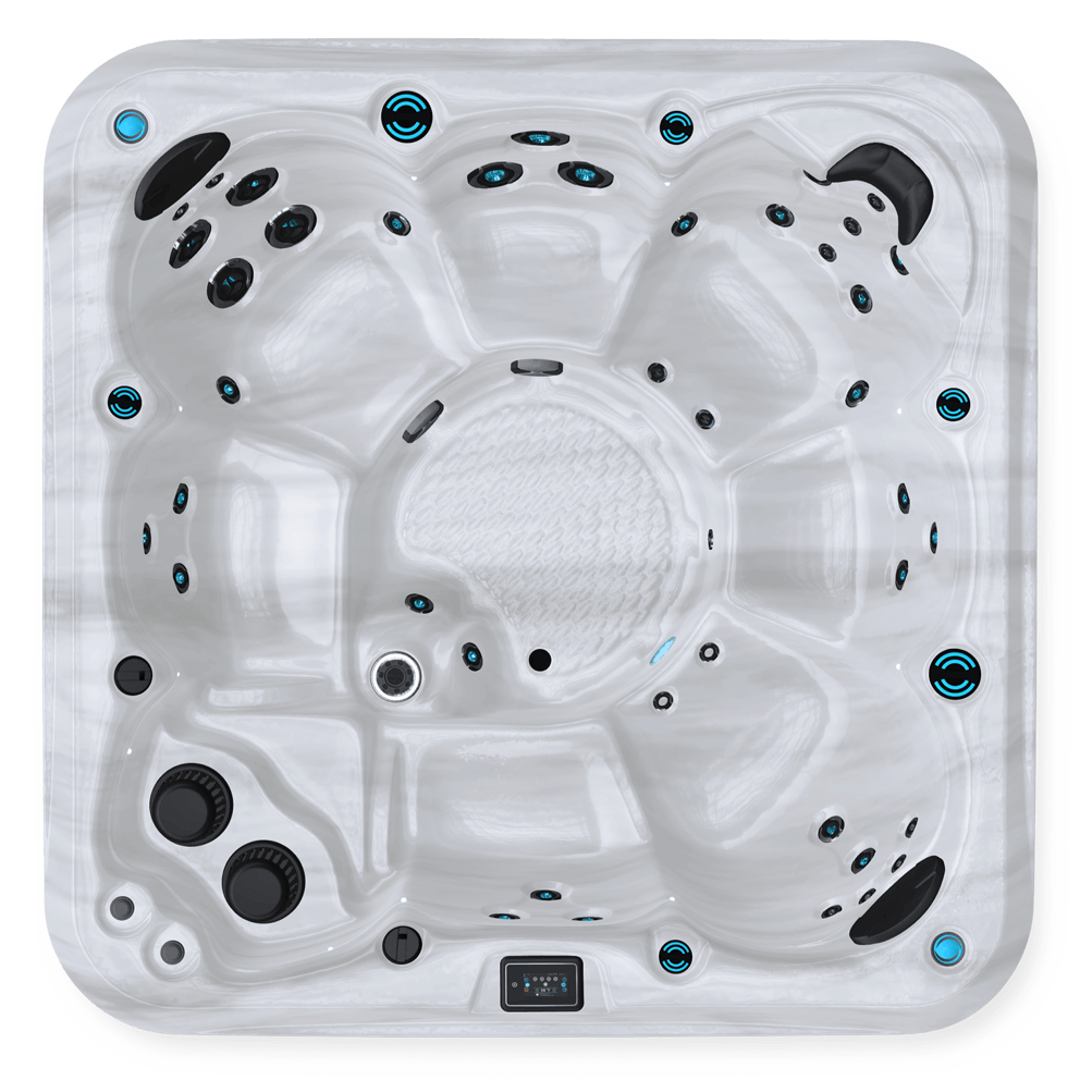 Top-down view of a Maple Spas M720 hot tub showcasing a spacious, square design with a sterling white marbled acrylic interior, multiple contoured seating positions equipped with hydrotherapy jets, headrests, a textured central footwell, and strategically placed controls and filtration components.