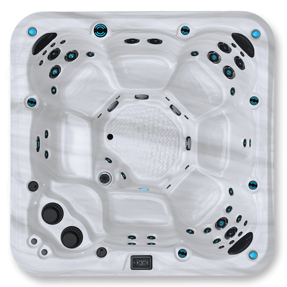 Top-down view of a Maple Spas M820 hot tub featuring a sterling white marble-like interior with seven contoured seating areas, numerous strategically placed hydrotherapy jets, headrests, and a central footwell with additional jets, as well as a digital control panel on the front edge.