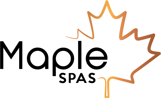 Logo for Maple Spas, a hot tub manufacturing company. The word 'Maple' appears in a modern, bold black font, followed by 'Spas' in all uppercase letters. To the right, a stylized maple leaf outline in a gradient of warm orange tones symbolizes Canadian identity and relaxation.
