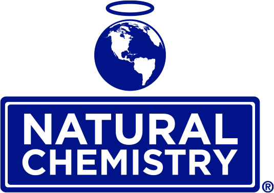 Logo for Natural Chemistry, a pool care products company. A blue and white globe showing the Americas sits at the top, with a halo above it, symbolizing purity or care. Below the globe, the words 'Natural Chemistry' appear in bold white uppercase letters inside a blue rectangular box with a white border.