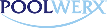 Logo for Poolwerx. The word 'POOLWERX' is written in an elegant, all-uppercase serif font with a gradient from dark blue on the left to light blue on the right. A light blue curved swoosh arcs beneath the text, resembling the surface of water.
