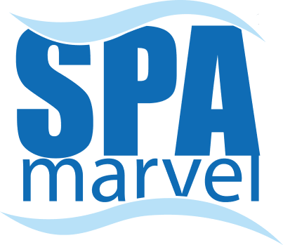 Logo for Spa Marvel, a natural hot tub treatment company. The word 'SPA' is in large, bold blue uppercase letters, with the word 'marvel' in smaller, lowercase dark blue letters underneath. Light blue wave shapes flow above and below the text, evoking a sense of water and relaxation.