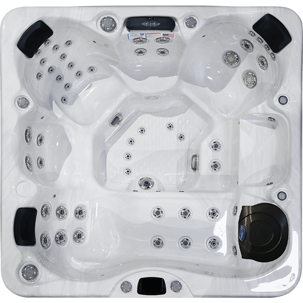 Top-down view of the Cal Spas Avalon EC-855L hot tub. This white acrylic spa features a full-size lounger and multiple hydrotherapy seats, all equipped with 55 Stainless Steel Vector X Jets for targeted massage. The spa includes a textured central foot dome, ergonomic headrests, and a spacious interior designed for comfort. Powered by dual 6.0 BHP Eliminator High Performance pumps, the Avalon EC-855L also features vibrant LED lighting, a glowing waterfall, built-in cupholders, and sleek Cal Edge II cabinetry for a modern, luxurious look.