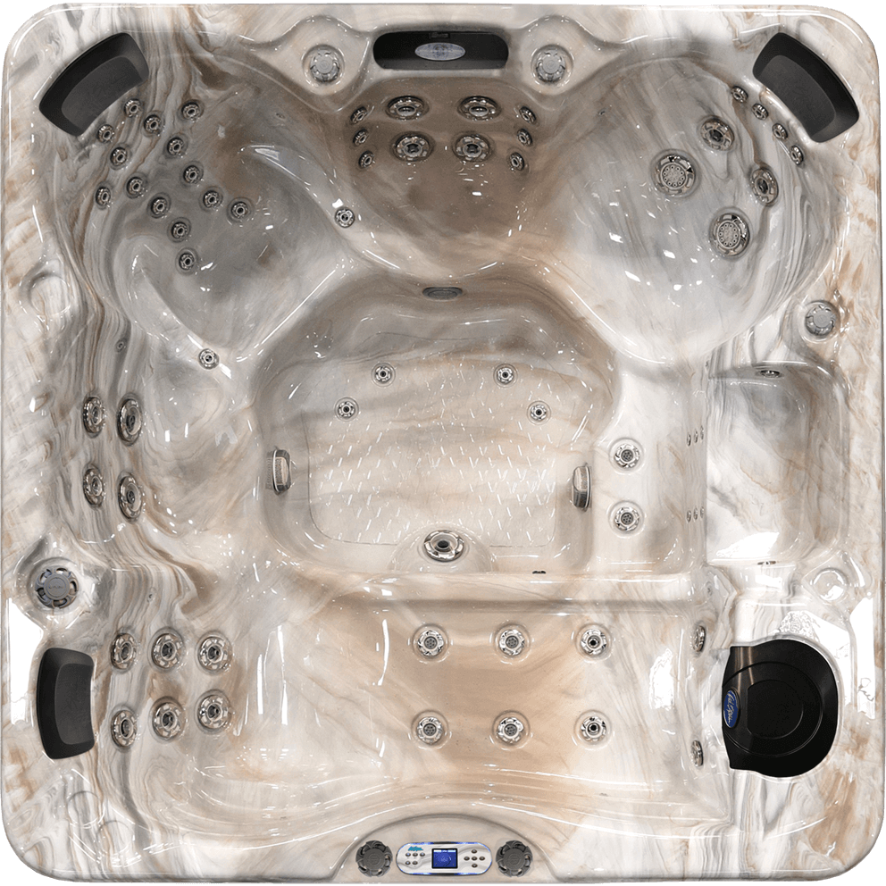 Top-down view of the Cal Spas Avalon EC-867L hot tub. The marbled acrylic shell features a full-size lounger, multiple hydrotherapy seats, and a generously sized central footwell for enhanced comfort and mobility. The spa includes numerous stainless steel jets positioned to deliver a full-body massage targeting the neck, back, legs, and feet. A kool-off seat offers a place to relax and regulate temperature without leaving the water. The Avalon EC-867L combines luxury and powerful hydrotherapy for a complete wellness experience.