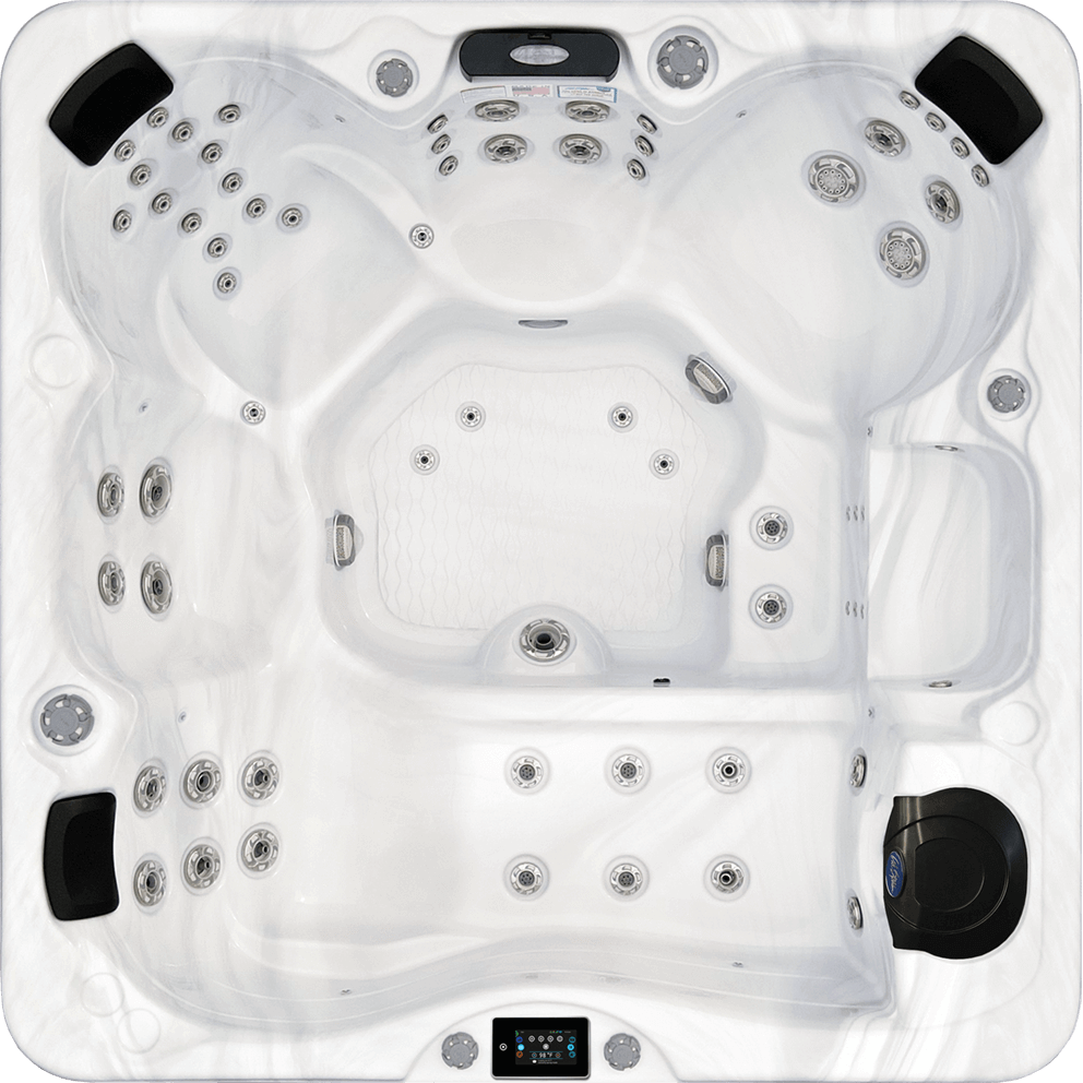 Top-down view of the Cal Spas Avalon X EC-867LX hot tub. This spacious spa features a sleek white acrylic shell with multiple contoured seats, each equipped with clusters of hydrotherapy jets targeting the neck, back, legs, and feet. A large central footwell offers ample space for movement and shared foot massage. The Avalon X EC-867LX includes a kool-off seat, allowing users to cool down while remaining in the spa, combining relaxation with powerful, full-body hydrotherapy.