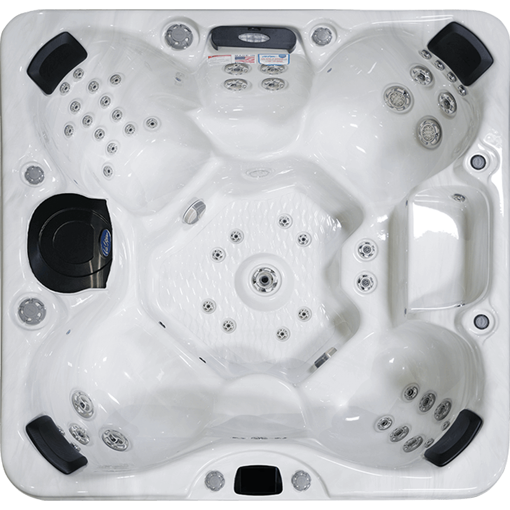 Top-down view of the Cal Spas Cancun EC-855B hot tub. This white acrylic spa features contoured seating for multiple users and a centrally placed foot dome surrounded by 55 Stainless Steel Vector X Jets for full-body hydrotherapy. The design includes ergonomic headrests, a cool-off bench, and varied jet placements for neck, back, and foot massage. The Cancun EC-855B is powered by dual 6.0 BHP Eliminator High Performance pumps and is wrapped in modern Cal Edge II cabinetry, with vibrant LED lighting, a glowing waterfall, and integrated cupholders for added luxury.