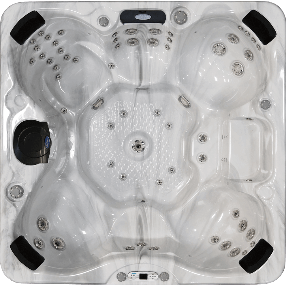 Top-down view of the Cal Spas Cancun EC-867B hot tub. This spacious spa features a white acrylic interior with a full-size lounger, multiple captain seats, and a dedicated kool-off seat. The interior is equipped with strategically placed hydrotherapy jets designed to deliver targeted massage to the neck, back, legs, and toes. A textured foot dome, ergonomic headrests, and a digital control panel enhance the overall experience. The Cancun EC-867B is built for extreme hydrotherapy and total relaxation.