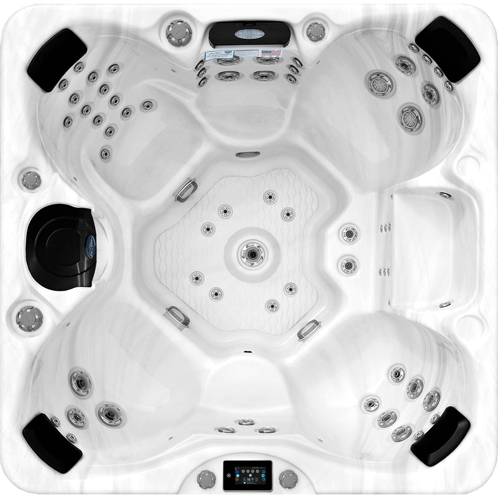 Top-down view of the Cal Spas Cancun X EC-867BX hot tub, designed to seat up to seven people. The sleek white interior features a full-size bench seat, a captain seat, and a unique kool-off seat. Multiple clusters of hydrotherapy jets are positioned to deliver full-body massage from neck to toes. A central foot dome and ergonomic contours enhance comfort. The Cancun X EC-867BX blends powerful hydrotherapy with room for socializing or relaxing as a couple.