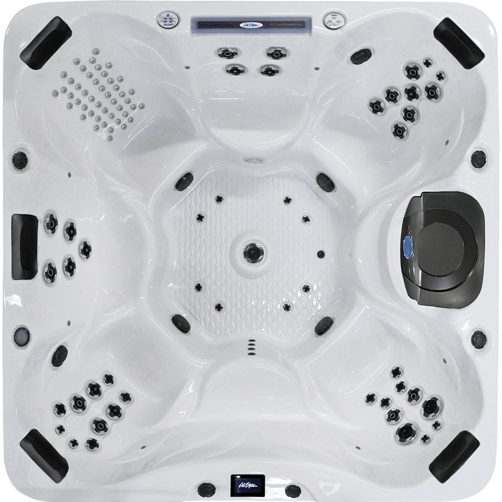 Top-down image of the Carmel PL-893B hot tub by Cal Spas. This six-person spa features a glossy white interior with 93 Velocity Jets arranged across four captain seats and two versatile seats, including built-in C-Pillows for head and neck support. A textured foot dome is centered among the seats, surrounded by ergonomic contours and black headrests. The Carmel PL-893B also includes advanced features like Cal Spas Wi-Fi and the Adjustable Therapy System for personalized comfort and full spa control.