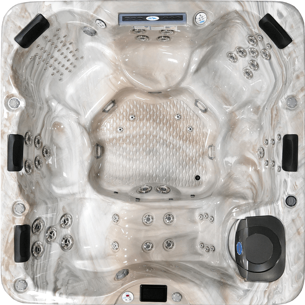 Top-down view of the Cal Spas La Jolla PL-894L hot tub. The spa features a marbled shell design with 94 Velocity Jets positioned around one full-size ergonomic lounger, two captain seats, and three versatile seats. Built-in LED C-Pillows provide head and neck comfort, while foot jets and a central foot dome offer soothing hydrotherapy. The La Jolla PL-894L includes ATS Plus for customizable jet control and perimeter LED lighting for a vibrant, immersive spa experience.