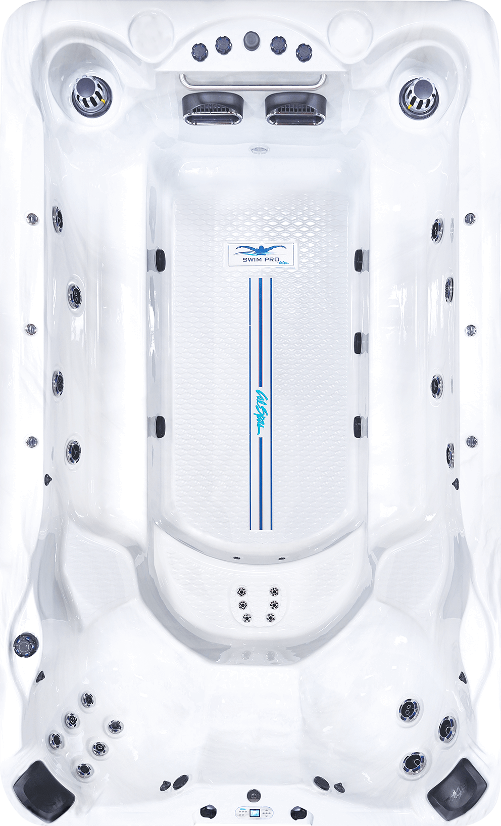 Top-down view of the Cal Spas Swim-Pro F-1325 swim spa. This elongated, white acrylic spa features a central open swim lane with textured flooring and a swimmer logo marked 'Swim Pro F-1325.' Two powerful river jets at one end provide adjustable resistance for aquatic workouts, while fitness handlebars and anchor points offer stability during underwater exercises. Jets positioned near the floor soothe the feet, and contoured bench seating lines the sides for added comfort, allowing friends or family to join during workouts.
