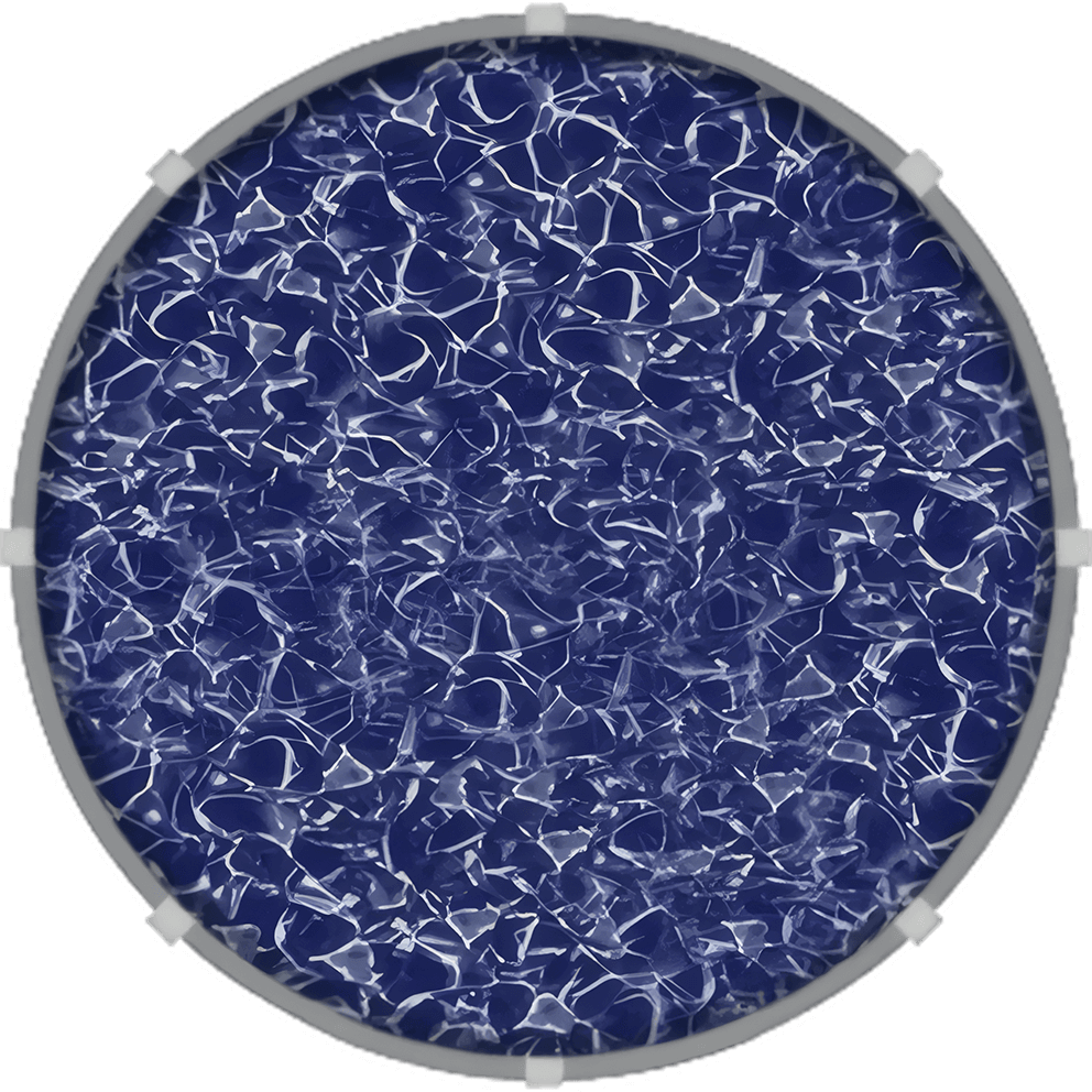 Top view of a round above ground swimming pool filled with rippling deep blue water. The pool features a symmetrical circular shape with evenly spaced white support posts around the edge, designed for durable backyard use.
