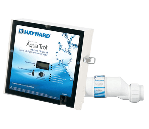 Image of a Hayward Aqua Trol Salt Chlorine Generator designed for above ground swimming pools. The unit includes a white control panel with a digital display and adjustment dial, labeled with blue branding and product details. Attached to the right side is a white TurboCell component for chlorination. The system helps maintain clean, sanitized pool water using salt-based chlorine generation.