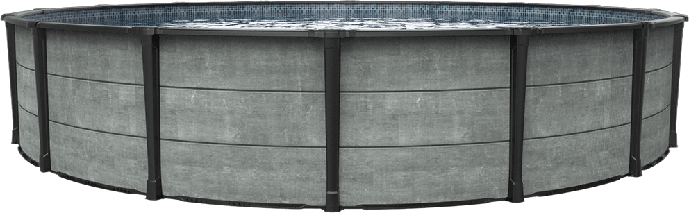 A full front-facing view of the Carvin Newtown Above Ground Swimming Pool, showcasing its circular structure with sleek, modern grey wall panels that resemble brushed concrete. The pool is reinforced with evenly spaced black vertical supports and a durable black top rail. The shimmering blue water adds a vibrant contrast to the industrial-style exterior, creating a contemporary and elegant backyard centerpiece.