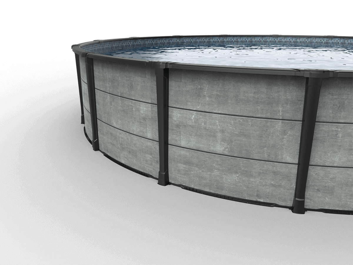 An angled perspective of the Carvin Newtown Above Ground Pool highlighting the curvature of the circular frame and its bold architectural design. The grey-toned wall panels offer a natural, textured look, while the matte black trim and vertical supports provide a clean, refined edge. The water line sits just beneath the glossy top rail, reflecting ambient light to enhance the pool’s visual appeal.