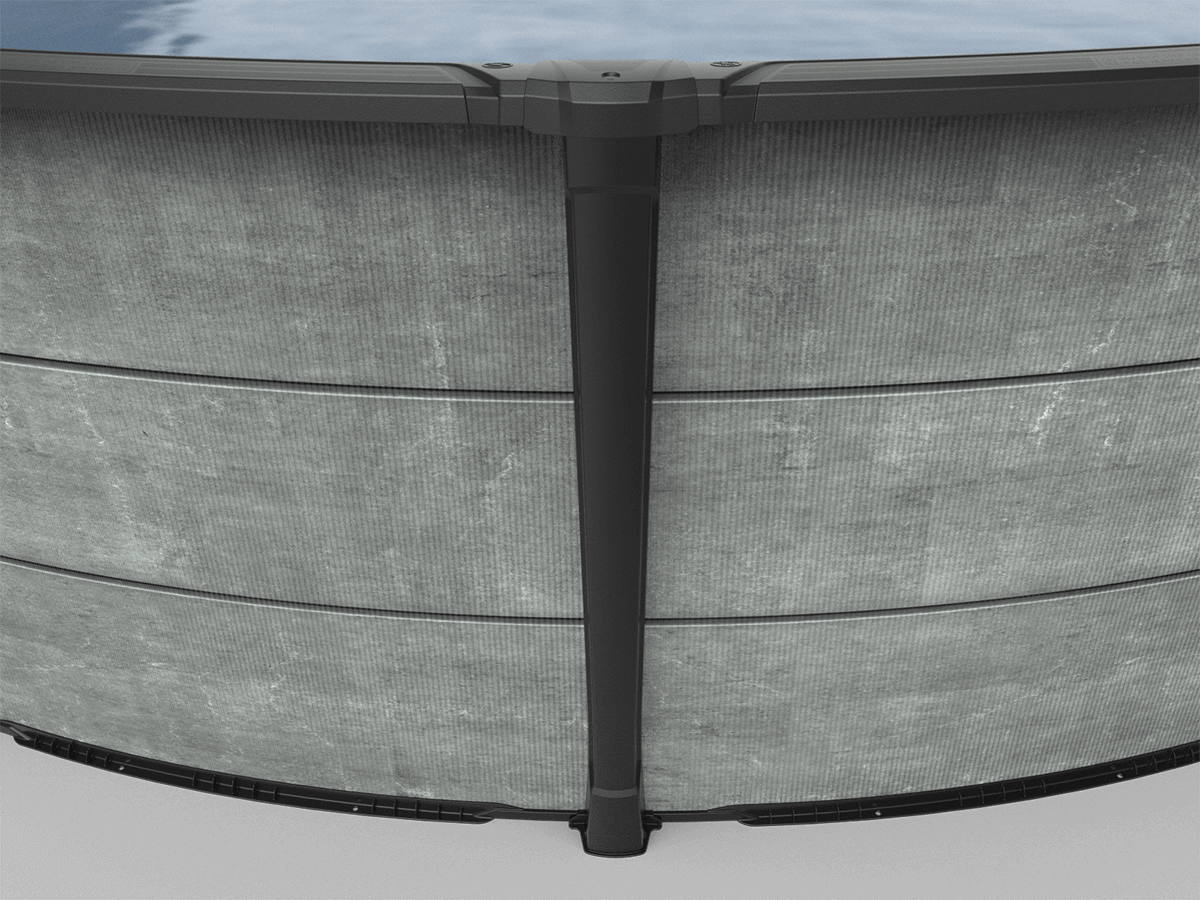 A straight-on center view of the Carvin Newtown Above Ground Pool, capturing the symmetry of its vertical black supports and grey horizontal panel bands. This view emphasizes the clean segmentation of the pool’s outer wall and the strong, structural base that ensures both durability and visual uniformity. The water is visible at the top, completing the minimalist yet sturdy design.