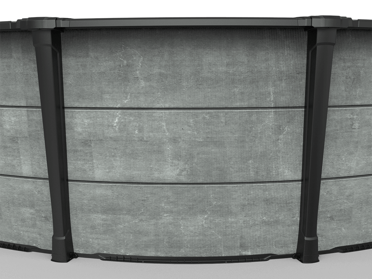 A side-facing close-up of the Carvin Newtown Above Ground Swimming Pool’s wall structure. This image highlights the fine texture of the grey composite panels and the crisp edges of the black support beams. The dark trim lines and corner caps provide a durable, protective finish while maintaining a sharp, stylish appearance suitable for modern backyard spaces.