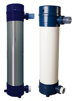 Image showing two vertical Delta UV Ozone Disinfection System units for swimming pools. Each cylindrical device features dark blue end caps and inlet/outlet ports, with one model having a reflective stainless steel body and the other a white body. These systems use UV light and ozone technology to sanitize pool water, providing a chemical-free alternative for effective disinfection.