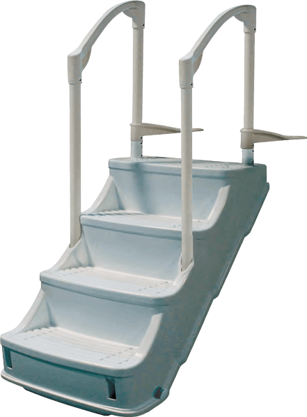 Light blue drop-in step system for above ground swimming pools featuring four wide, curved steps with textured surfaces and dual white handrails for stability. Designed for easy, safe pool entry and exit.