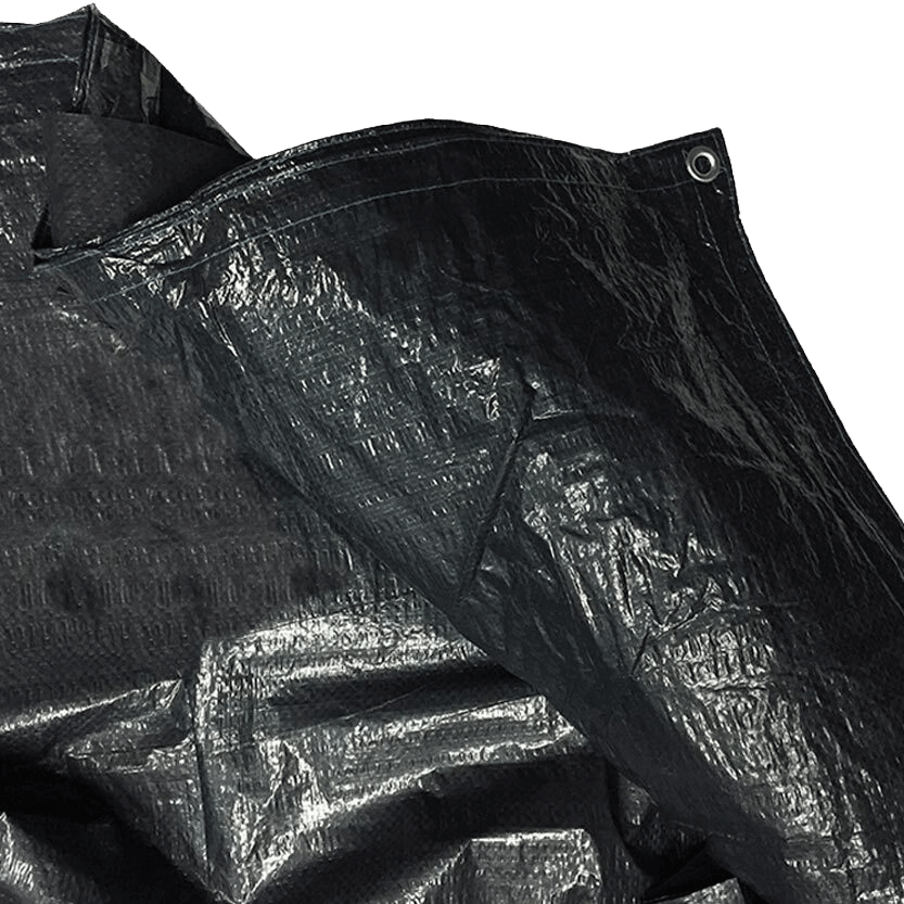 Close-up image of a Fabrene Winter Cover for above ground swimming pools. The cover is made of durable black woven polyethylene material with a slightly glossy, textured surface. Reinforced seams and metal grommets are visible along the edge, designed for secure fastening during winter months. The heavy-duty construction helps protect the pool from debris, snow, and ice.