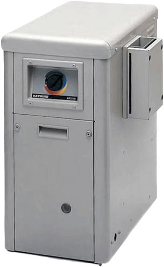 Hayward H-Series Pool Heater in a silver metal casing with a front-mounted temperature control dial. Compact and efficient, designed for reliable pool water heating.
