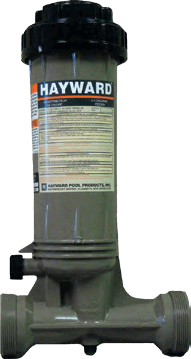 Image of a Hayward automatic chlorine feeder designed for swimming pools. The vertical cylindrical unit is tan with a black twist-lock cap on top and plumbing connections at the base. It features a detailed label with usage instructions and the Hayward logo prominently displayed near the top. Used to dispense chlorine into pool water for consistent and controlled sanitation.