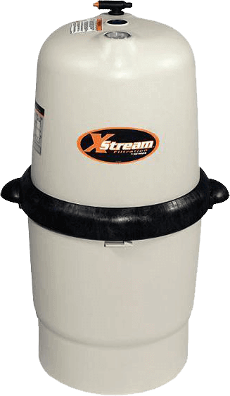 Front-facing view of the Hayward XStream Cartridge Filter for above ground pools. The filter features a tall, cylindrical, beige-colored body with a black band around the center that separates the upper and lower sections. A bold, oval-shaped Hayward XStream logo is printed on the top section, and a round air release valve is visible at the very top. The unit is designed for high-efficiency filtration and large-capacity debris handling.