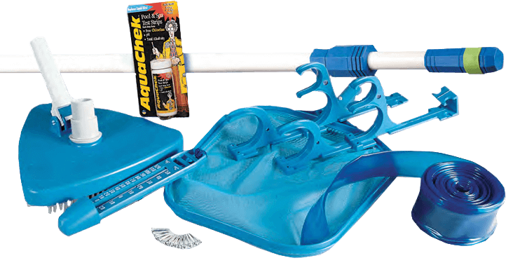 Complete above ground pool maintenance equipment package. Includes a blue vacuum head with bristles and thermometer, a fine-mesh leaf skimmer net, a telescopic white and blue pole for attaching accessories, flexible vacuum hose coiled on the side, hose adapters, AquaChek test strips for water testing, and a blue wall-mount hanger set for organizing poles and tools. All components are designed to help keep pool water clean and equipment neatly stored.