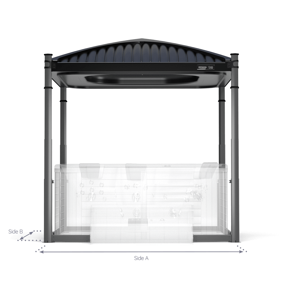 Side elevation view of the Covana Oasis Midnight Edition automated hot tub cover in black, featuring a gently sloped roof with a ribbed centre crown. The matte black frame encloses a translucent overlay of a rectangular spa, revealing interior jet placements. Measurement markers labelled “Side A” and “Side B” indicate installation clearances, ideal for square or rectangular hot tubs.