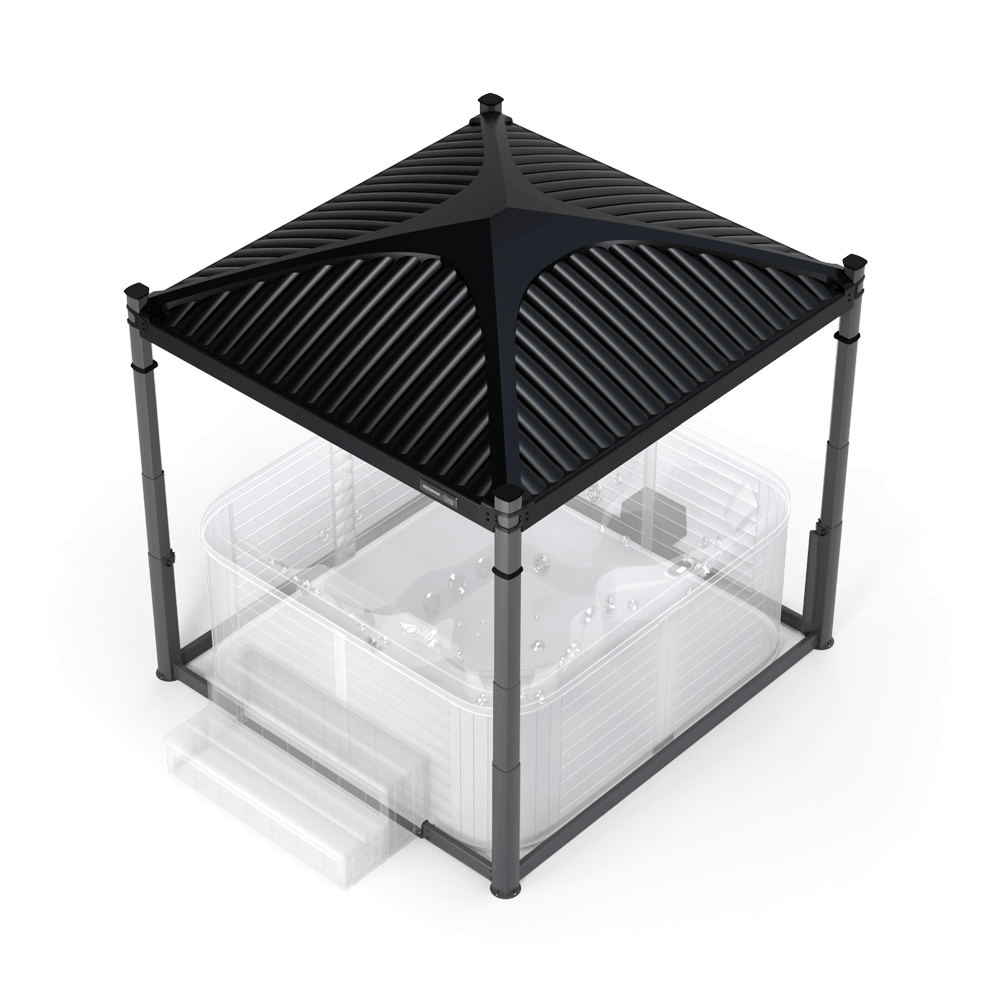 Top angled view of the Covana Oasis Midnight Edition automated hot tub cover in black. The ribbed sloped roof forms a stylish X-pattern, resting on four black columns. The spa beneath is shown semi-transparent, revealing contoured seating and jet placements. A matching black step provides easy access, and the unit appears fully extended in its protective shelter position.
