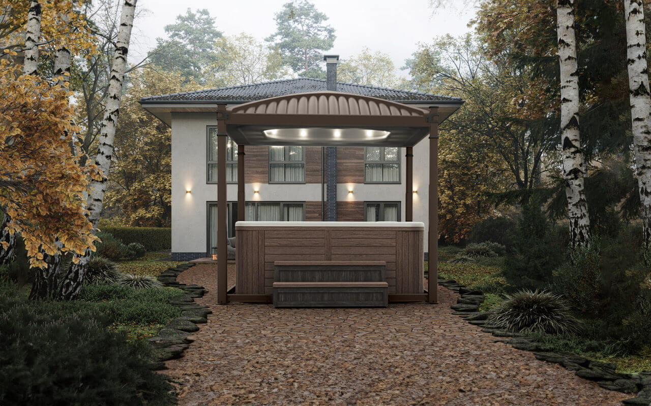 Rear view of the Covana Oasis automated spa cover installed over a square hot tub in a tranquil, forested backyard with autumn foliage. The canopy is fully raised and illuminated with warm ambient lights embedded beneath the sloped, ribbed roof, finished in a rich mocha colour. The hot tub is clad in matching mocha-coloured wood-look panels, complemented by dark matching steps for easy access. The scene is set against a modern two-storey home, showcasing the Oasis as a luxurious, all-weather spa solution designed to protect bathers from rain, leaves, and cold temperatures while blending into high-end landscaping.