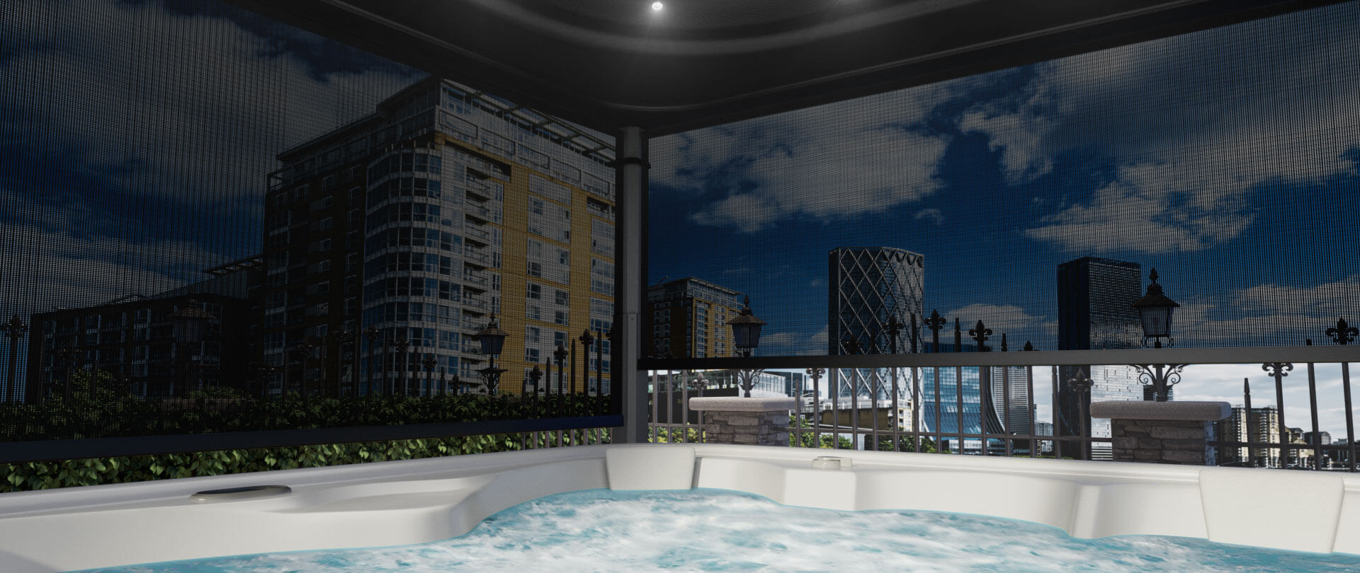 Interior view from inside a hot tub with the Covana Oasis canopy fully raised, showcasing the optional panoramic urban privacy screens. The screens feature a high-resolution cityscape print with tall modern buildings, wrought iron-style fencing, and lantern posts, creating the illusion of a stylish metropolitan terrace. Water in the spa gently bubbles in the foreground, and the soft integrated canopy lights above emit a warm glow. The sturdy dark frame of the Oasis structure borders the view, offering privacy and atmosphere without compromising aesthetics or outdoor immersion.