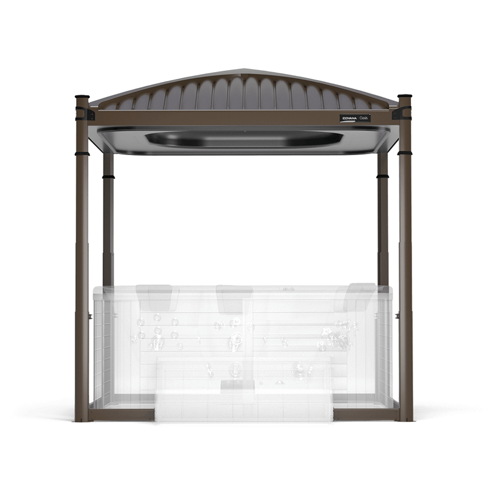 Side view rendering of the Covana Oasis automated hot tub cover in mocha finish, displayed in a raised position over a translucent spa model. The design features a gently sloped, ribbed roof engineered to shed rain and snow, supported by four cylindrical lift columns finished in a matching warm mocha tone. The underside of the canopy showcases built-in ambient lighting within a central recessed panel, offering both functionality and elegant visual appeal. The spa beneath is shown semi-transparent to highlight the unit’s compatibility with standard rectangular or square hot tubs. This image demonstrates the Oasis’s sophisticated protective design, blending comfort, weather protection, and privacy in one sleek structure.