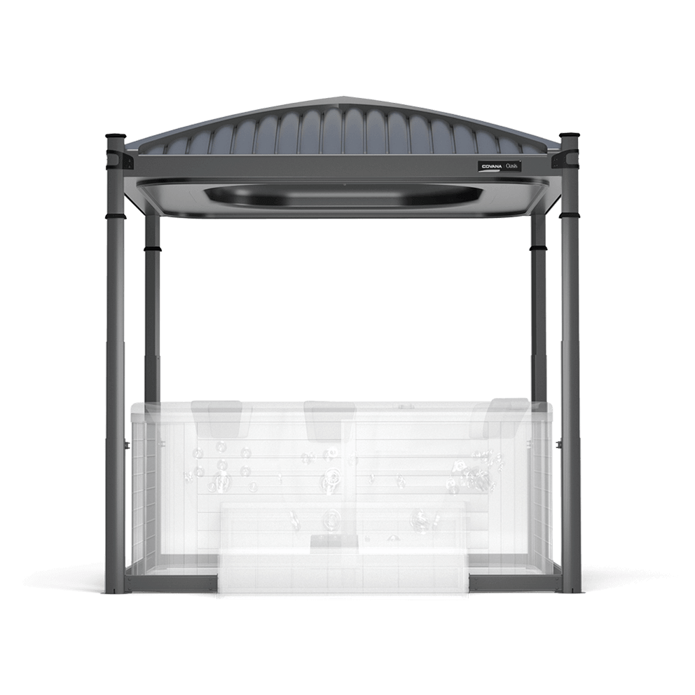 Side view rendering of the Covana Oasis automated hot tub cover in a sleek slate finish, shown in its fully elevated position above a semi-transparent rectangular hot tub. The canopy features a gracefully arched, ribbed roof that slopes downward on all sides to efficiently shed water and snow. Four matte slate-grey cylindrical lift posts support the roof at each corner, housing the automated lifting mechanism. The underside of the canopy includes built-in ambient LED lighting arranged within a central recessed oval structure, designed to create a soothing, private retreat. This image highlights the Oasis’s premium all-weather design, offering protection, style, and ease of use for most square or rectangular spa configurations.