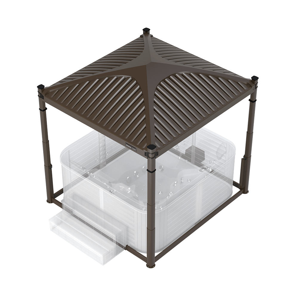 Top-down rendering of the Covana Oasis automated hot tub cover featuring the distinctive Darling roof style in a rich mocha finish. The roof showcases a sculpted, peaked design that slopes gently outward in four directions, enhancing runoff while offering a contemporary, architectural appearance. Prominent curved ridges radiate symmetrically from the centre peak to each corner, forming an elegant cross-shaped pattern that divides the roof into four recessed triangular segments. Each corner of the roof is supported by vertical mocha-coloured lifting posts with a matte finish, one at each corner of the spa, integrated with the automated lift mechanism. Beneath the canopy, a semi-transparent rectangular hot tub with contoured seating and side paneling is shown for context. Wide spa entry steps are positioned along the bottom-left edge of the image. This image illustrates the stylish, weather-deflecting design and broad spa compatibility of the Covana Oasis with Darling roof in mocha.