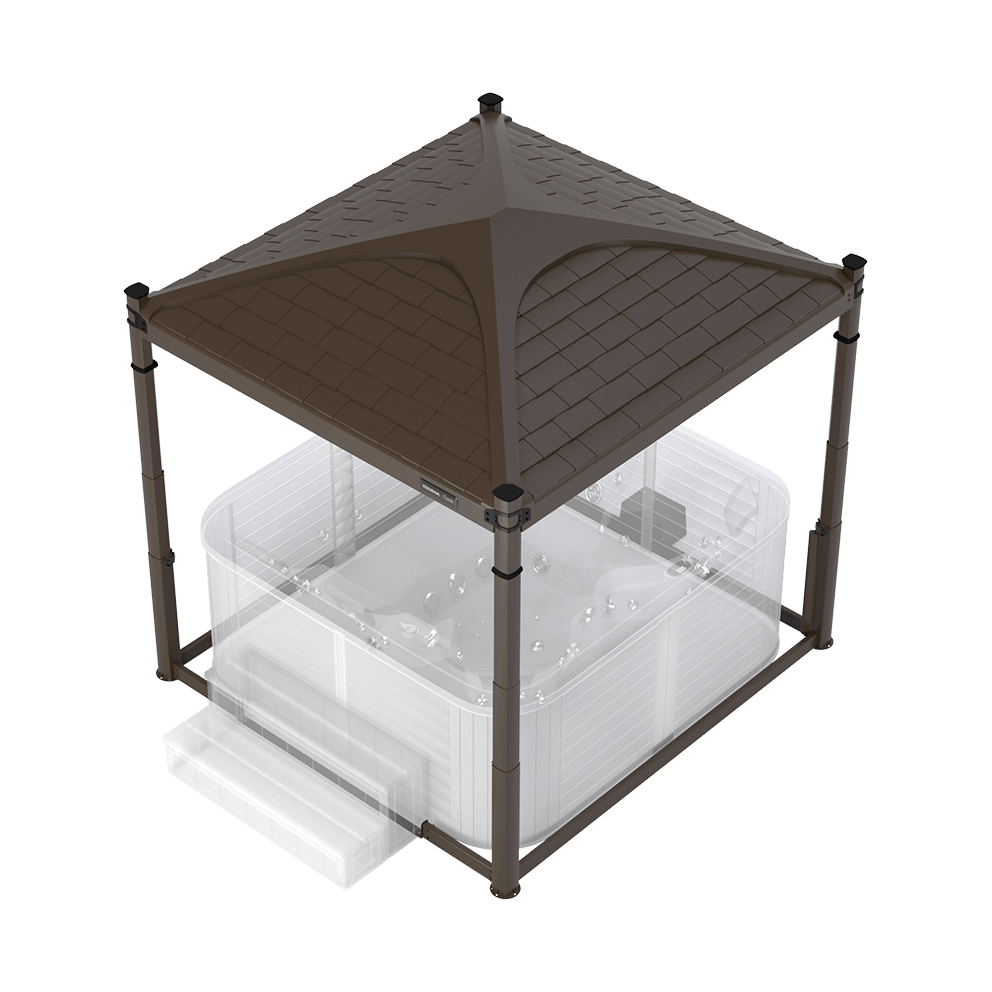 Top-down rendering of the Covana Oasis automated hot tub cover featuring a classic shingles-style roof in a rich mocha colour. The pyramidal roof structure slopes gently from all four sides toward a central apex, with each triangular section showcasing detailed moulded shingle textures arranged in a uniform grid pattern, evoking the look of traditional cedar or asphalt roofing. The mocha-brown finish covers the entire roof and extends to the four vertical lift-support columns that form the frame. These corner posts anchor a semi-transparent square hot tub with visible interior seating contours, hydrotherapy jets, and vertical slat-style cabinet panelling. A broad two-tier spa step is positioned at the lower left for easy entry. The image highlights the timeless roof aesthetic, durable construction, and integrated automation of the Covana Oasis in mocha with a shingles roof style.