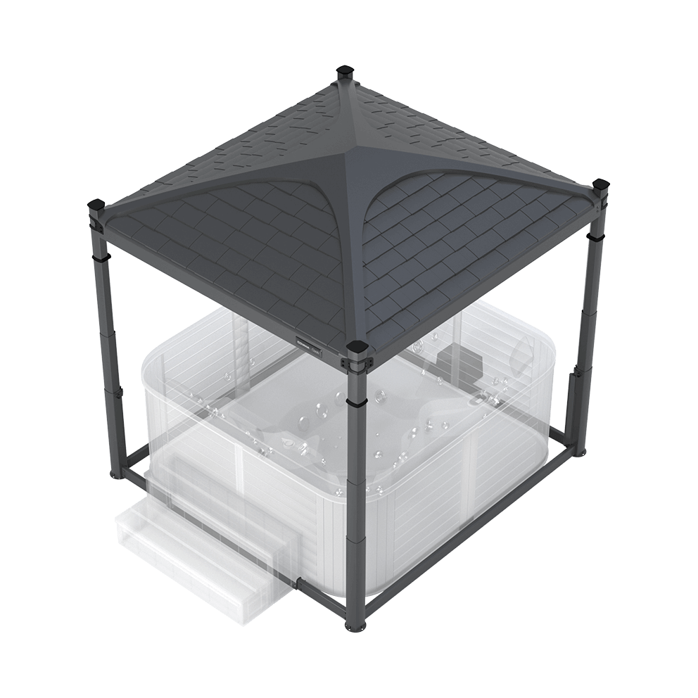 Top-down rendering of the Covana Oasis automated hot tub cover showcasing a sleek, slate-coloured shingles-style roof. The elegant pyramidal roof features four triangular sections sloping towards a central peak, each textured with realistic, uniformly arranged overlapping shingle patterns, resembling classic residential roofing. The slate grey finish extends across the entire roof and down the four structural lift columns at each corner. The columns surround a transparent model of a square hot tub beneath, which reveals sculpted interior seating, circular jet placements, and vertical slatted cabinet panels. A broad two-tiered spa step is positioned at the front left, hinting at convenient access. This configuration highlights the roof’s weather-protective design, refined aesthetics, and the durable automation system that defines the Covana Oasis in slate shingles.