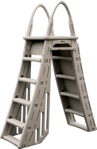 Image of a Roll Guard A-Frame pool ladder, featuring a sturdy beige plastic frame with wide, slip-resistant steps on both sides. The ladder includes a built-in lockable roll guard barrier on one side for added safety and curved handrails for secure entry and exit from above ground swimming pools. Designed for durability and safety compliance.