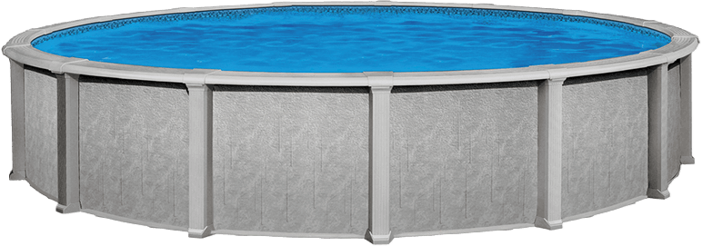 Side view of the Sentinel Above Ground Swimming Pool, featuring a round design with light grey textured wall panels and evenly spaced vertical supports. The pool is filled with vibrant blue water, providing a clean and classic backyard swimming solution.