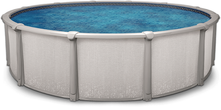 Angled side view of the Trinity Above Ground Swimming Pool, featuring a round shape with textured light grey outer panels and sturdy vertical support beams. The pool is filled with clear blue water and topped with a subtle patterned trim along the inner edge, designed for durable backyard enjoyment.