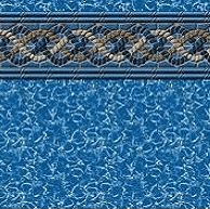 Above ground pool liner colour option named Mystery Gold, featuring a decorative border with an interlocking chain pattern in gold and black tones. Below the border is a vibrant blue water design with a textured, rippling effect that mimics sunlight dancing on the pool floor.