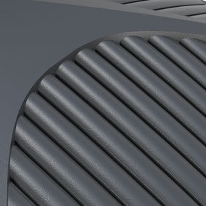 Slate finish option with Darling roof type for the Covana Oasis automated hot tub cover. The image provides a close-up view of the roof's distinctive curved profile, featuring evenly spaced horizontal ridges with a smooth, rounded contour. The slate-coloured surface is a cool, dark grey with a subtle matte texture that includes a fine grain, offering a modern, understated elegance. The arched design and uniform vent-like channels not only enhance drainage but also contribute to the sleek, architectural style of the cover. The slate finish imparts a refined, contemporary aesthetic suitable for minimalist or urban outdoor environments.