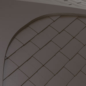 Mocha finish option with Shingles roof type for the Covana Oasis automated hot tub cover. The image displays a detailed close-up of the roof's shingled surface, featuring interlocking rectangular segments arranged in an overlapping, diagonal pattern. Each shingle is finished in a rich mocha brown with a subtle pebble-grain texture, adding depth and visual warmth. The slight curvature of the roofline frames the shingle layout, while the matte finish reduces glare and enhances the natural aesthetic. This configuration combines architectural character with weather-resistant functionality, ideal for blending into rustic or traditional outdoor spa environments.