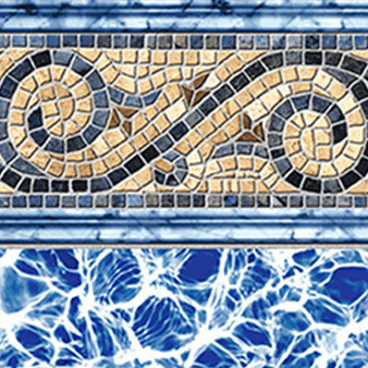 Endless Pools interior liner in the 'Siesta Wave' colour option, showcasing an ornate mosaic tile border with swirling geometric patterns in beige, tan, black, and slate blue, set above a vibrant deep blue water pattern. The lower section of the liner features a high-contrast wave design that mimics sunlight refracting in moving water, giving the liner a lively, aquatic effect. This design blends classical tile elegance with a modern, dynamic pool interior style.