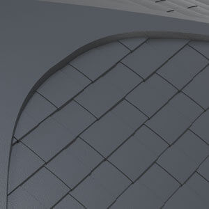 Slate finish option with Shingles roof type for the Covana Oasis automated hot tub cover. The image presents a close-up of the roof’s shingled texture, consisting of overlapping rectangular tiles arranged in a staggered, diagonal pattern. Each tile is coated in a cool slate grey hue with a fine, matte pebble-like texture, giving the surface a refined yet rugged aesthetic. The roof is subtly arched, and the shingles are tightly fitted for a weather-resistant and visually structured appearance. This finish evokes a contemporary, architectural style, ideal for modern spa environments with a clean, natural palette.