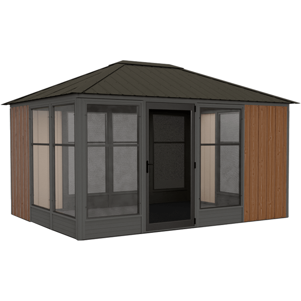 Digital render of the Adela Gazebo highlighting its structural design. The gazebo has a four-sloped matte black roof with deep overhangs, supported by a black aluminium frame. The front features a single central hinged glass door with vertical handles, flanked by two large vinyl-framed windows with screened inserts. The left wall has a sequence of large screened window panels, while the right wall is finished in vertical brown wood cladding. The model showcases the clean, modern mix of materials designed for all-season outdoor living.